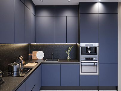 Кухня Угловая Нова под Потолок Высокая 300х260 Матовый синий